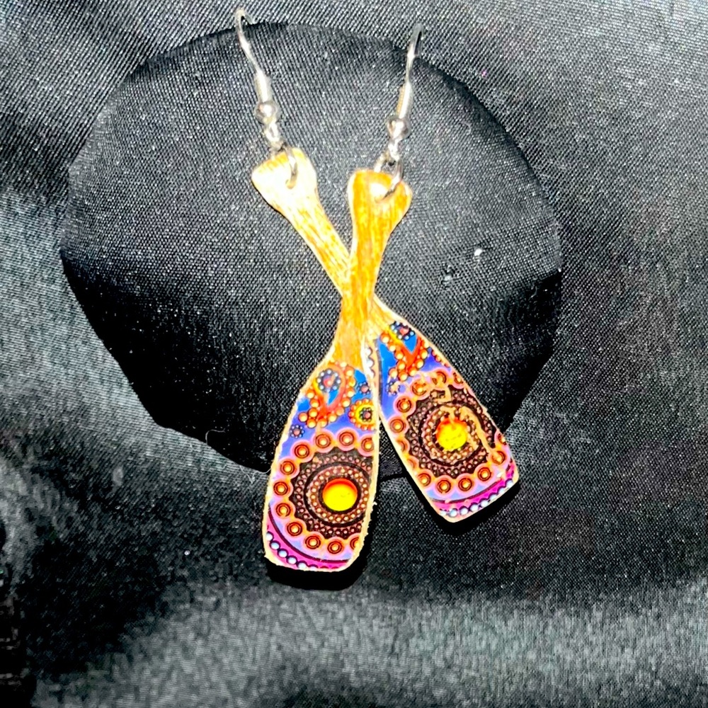 Paisley print wood canoe paddle earrings
